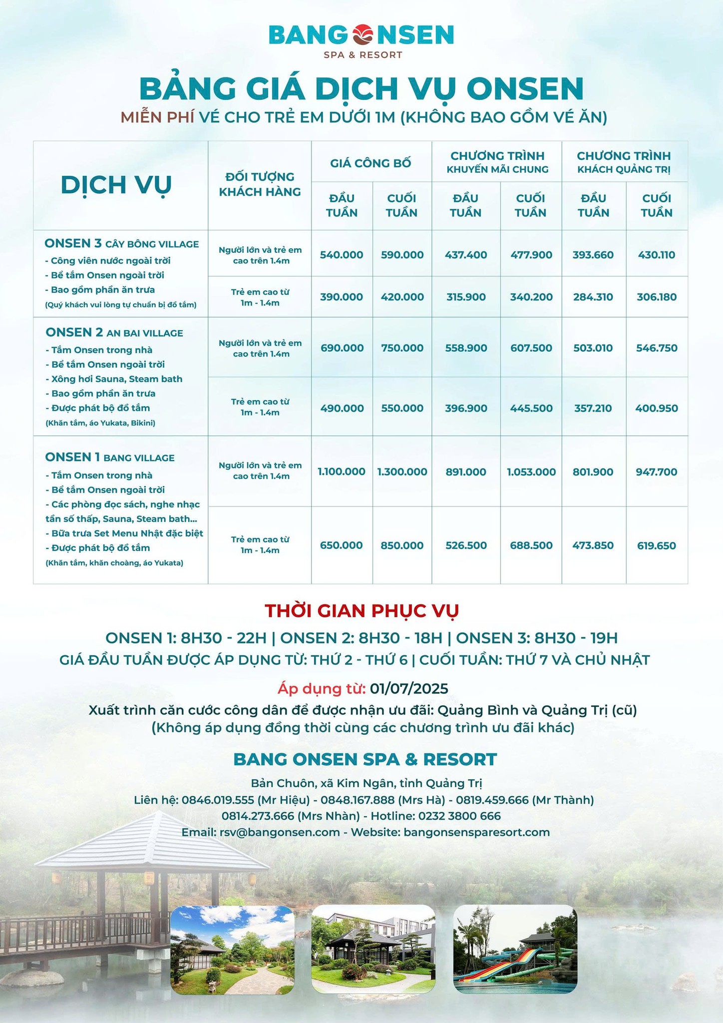 Giá vé và các gói dịch vụ tại Suối nước nóng Bang